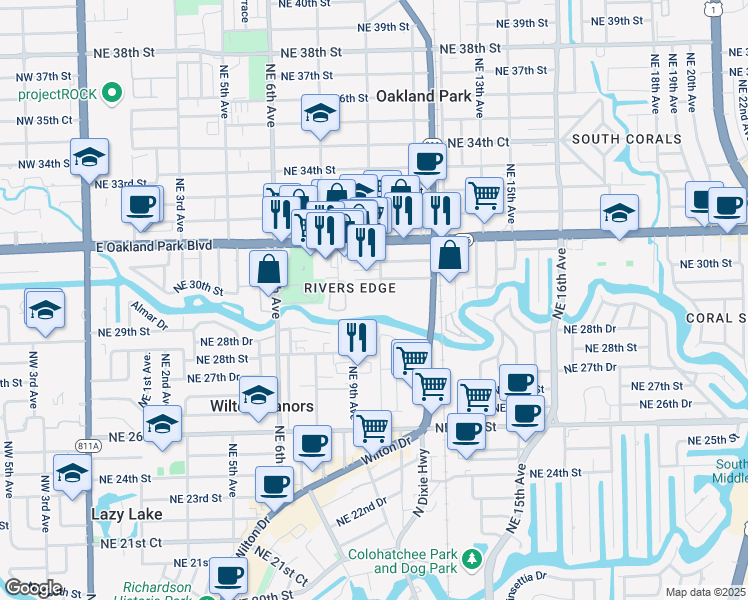 map of restaurants, bars, coffee shops, grocery stores, and more near 2929 North Dixie Highway in Oakland Park