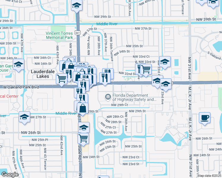 map of restaurants, bars, coffee shops, grocery stores, and more near 3660 NW 31st Ave in Lauderdale Lakes
