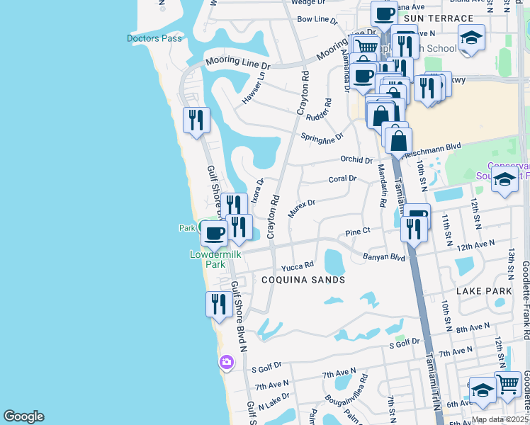 map of restaurants, bars, coffee shops, grocery stores, and more near 1555 Crayton Road in Naples