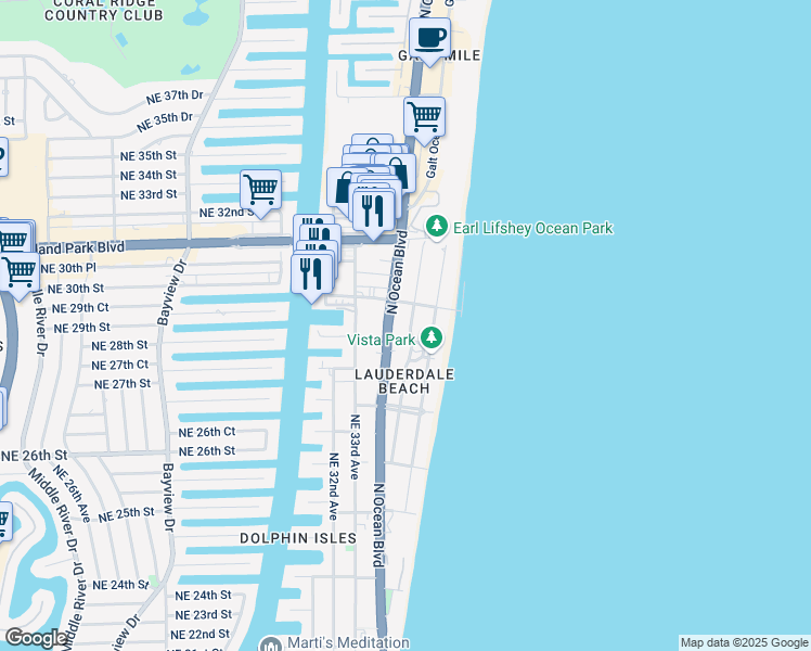 map of restaurants, bars, coffee shops, grocery stores, and more near 2909 Center Avenue in Fort Lauderdale