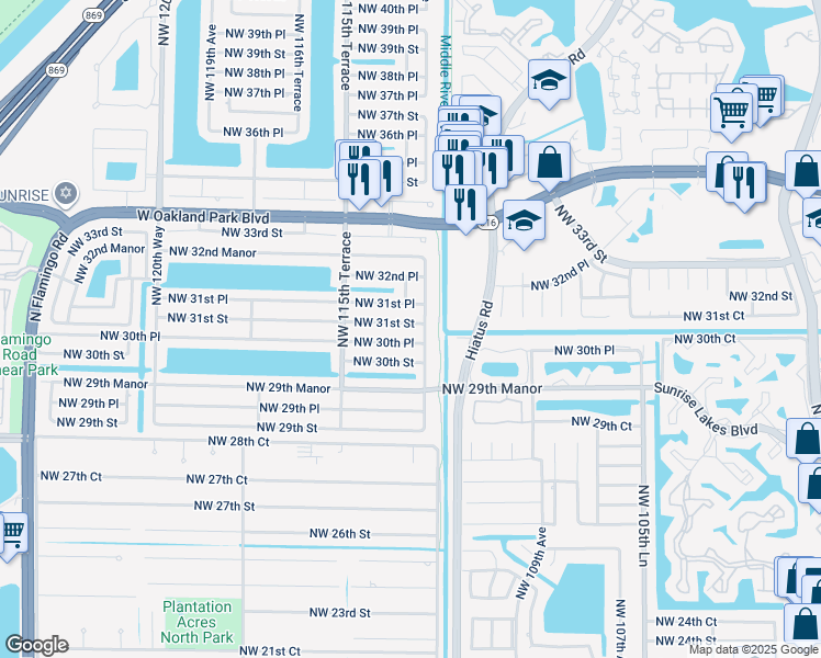 map of restaurants, bars, coffee shops, grocery stores, and more near 11320 Northwest 31st Street in Sunrise