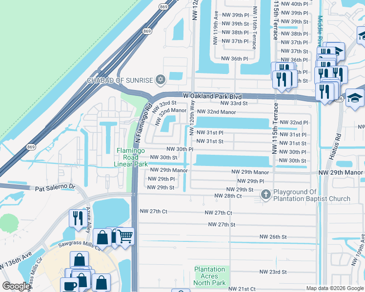 map of restaurants, bars, coffee shops, grocery stores, and more near 12200 Northwest 30th Manor in Sunrise
