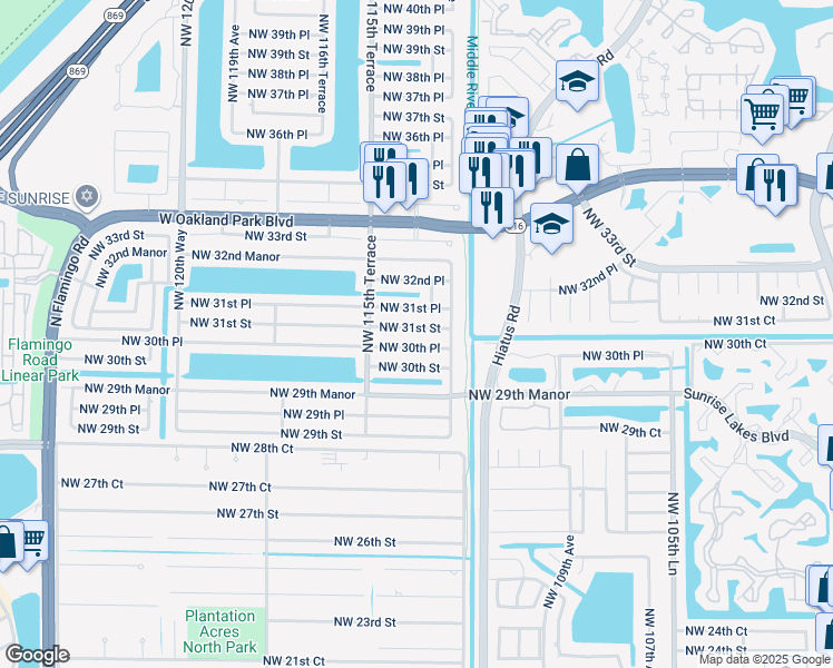 map of restaurants, bars, coffee shops, grocery stores, and more near 11320 Northwest 31st Street in Sunrise