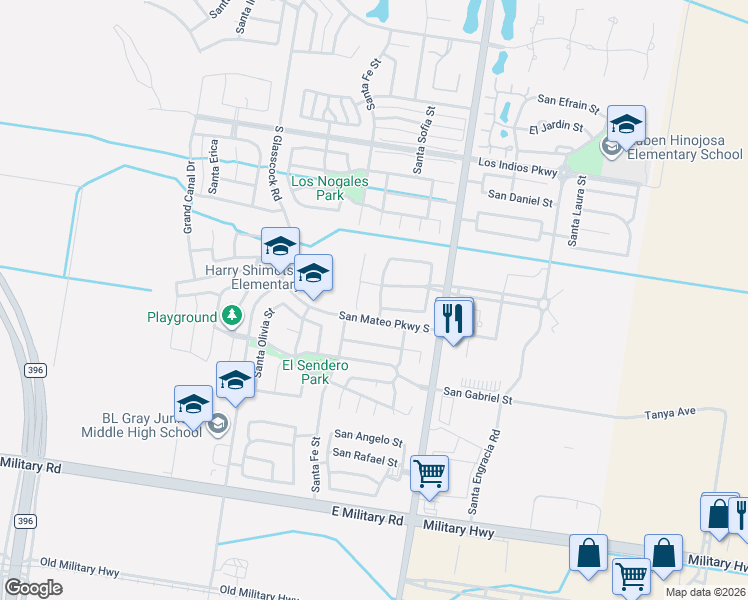 map of restaurants, bars, coffee shops, grocery stores, and more near 3714 Santa Lucia Street in Mission