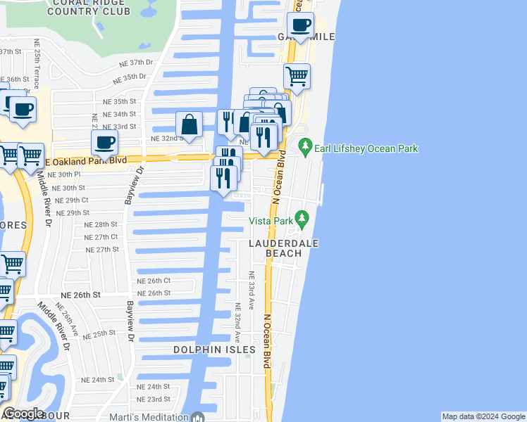 map of restaurants, bars, coffee shops, grocery stores, and more near 2841 North Ocean Boulevard in Fort Lauderdale