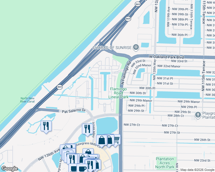 map of restaurants, bars, coffee shops, grocery stores, and more near 3161 Northwest 125th Way in Sunrise