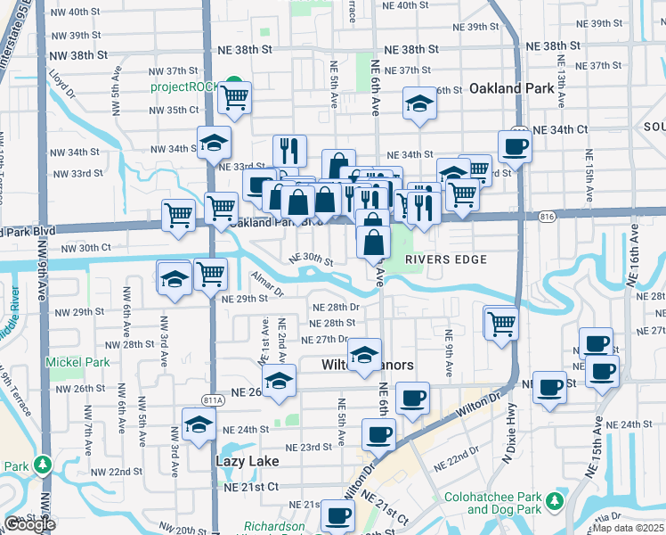 map of restaurants, bars, coffee shops, grocery stores, and more near 512 Northeast 30th Street in Wilton Manors