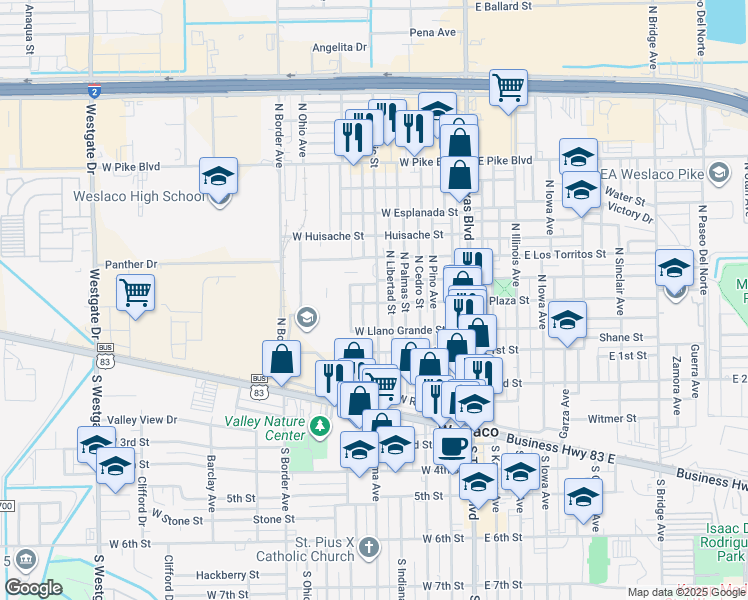 map of restaurants, bars, coffee shops, grocery stores, and more near 301 North Republic Street in Weslaco
