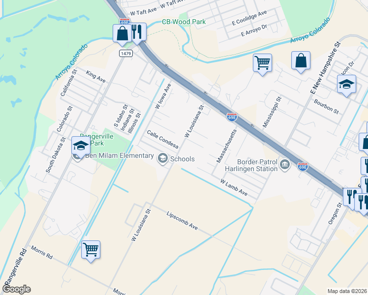map of restaurants, bars, coffee shops, grocery stores, and more near 405 West Louisiana Street in Harlingen