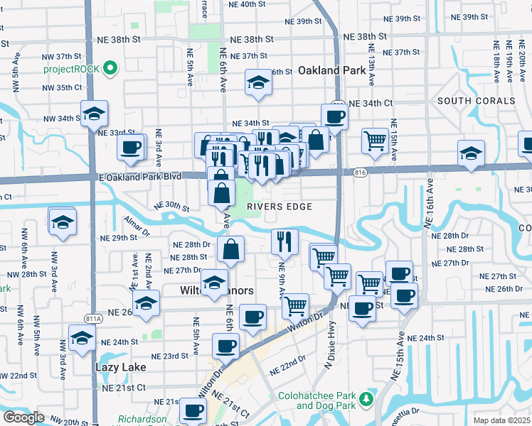 map of restaurants, bars, coffee shops, grocery stores, and more near 2910 Northeast 8th Terrace in Wilton Manors