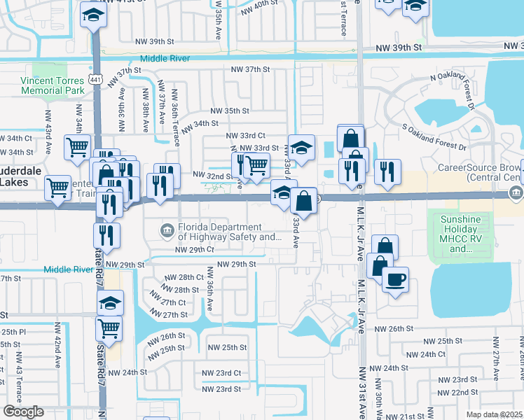 map of restaurants, bars, coffee shops, grocery stores, and more near 3075 Northwest 35th Avenue in Lauderdale Lakes