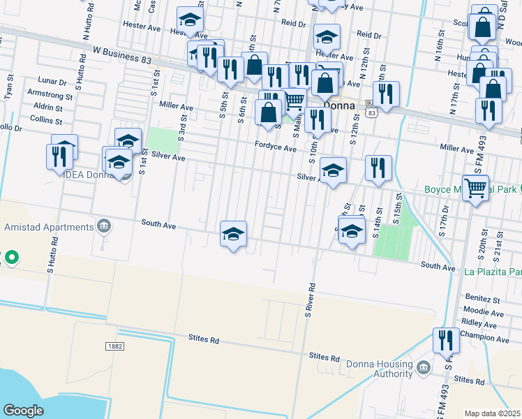map of restaurants, bars, coffee shops, grocery stores, and more near 503 South 8th Street in Donna