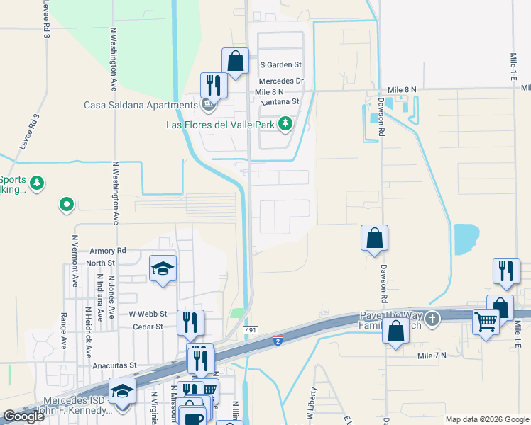 map of restaurants, bars, coffee shops, grocery stores, and more near 124 Melton Park Drive in Mercedes