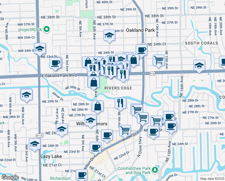 map of restaurants, bars, coffee shops, grocery stores, and more near 2910 Northeast 8th Terrace in Wilton Manors