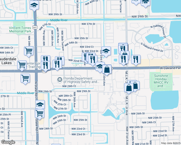 map of restaurants, bars, coffee shops, grocery stores, and more near 3075 Northwest 35th Avenue in Lauderdale Lakes