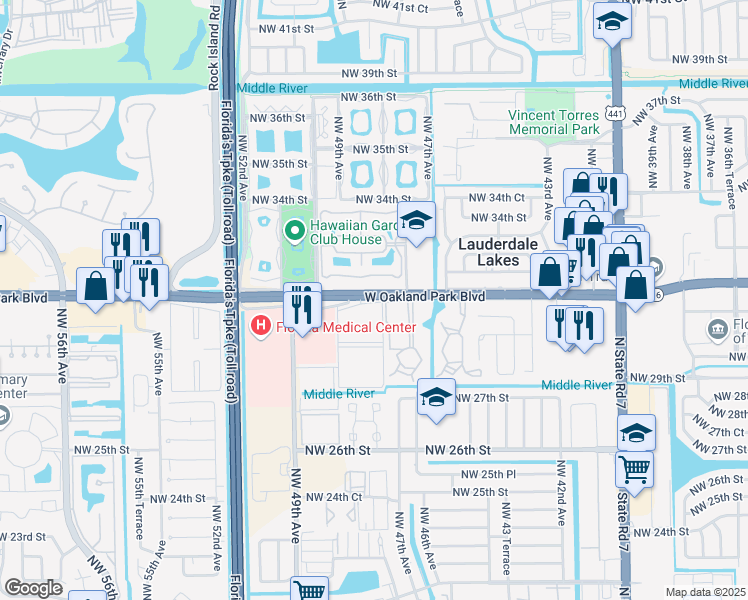 map of restaurants, bars, coffee shops, grocery stores, and more near 3001 Northwest 48th Avenue in Lauderdale Lakes