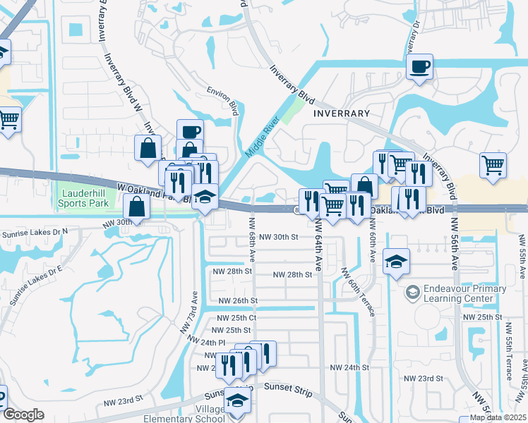 map of restaurants, bars, coffee shops, grocery stores, and more near in Sunrise