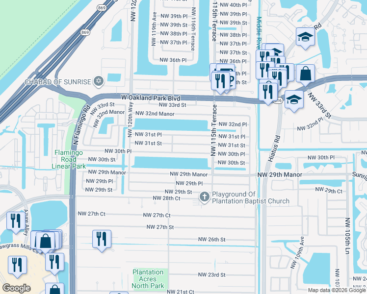 map of restaurants, bars, coffee shops, grocery stores, and more near 11650 Northwest 31st Street in Sunrise