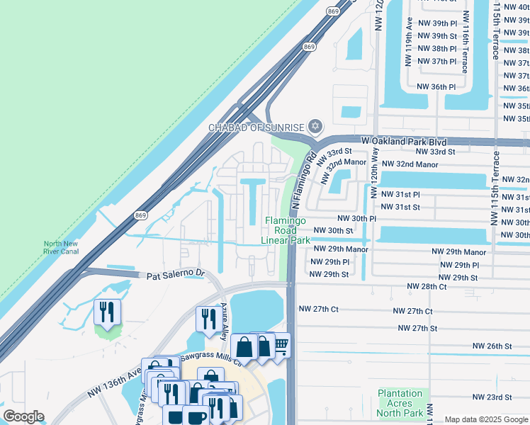 map of restaurants, bars, coffee shops, grocery stores, and more near 3161 Northwest 125th Way in Sunrise