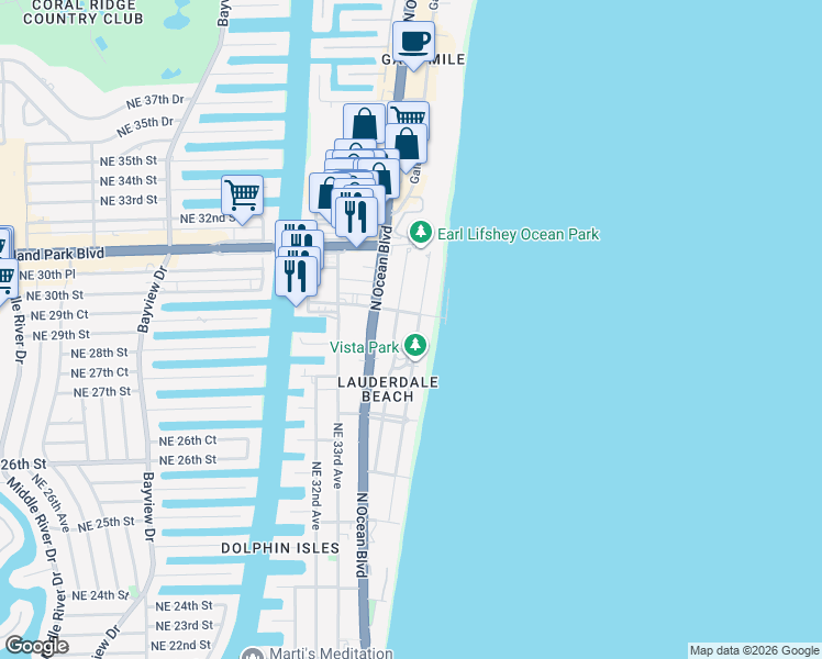 map of restaurants, bars, coffee shops, grocery stores, and more near 2925 North Atlantic Boulevard in Fort Lauderdale