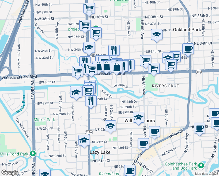 map of restaurants, bars, coffee shops, grocery stores, and more near 208 Northeast 30th Street in Wilton Manors