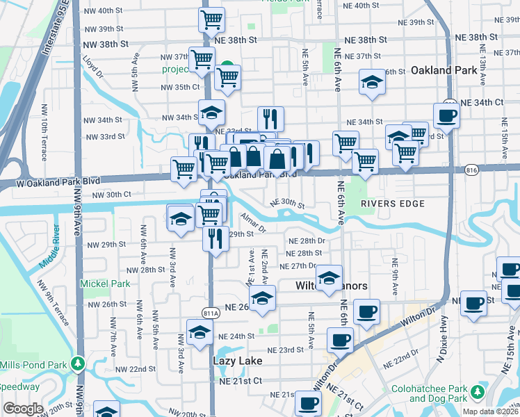 map of restaurants, bars, coffee shops, grocery stores, and more near 208 Northeast 30th Street in Wilton Manors