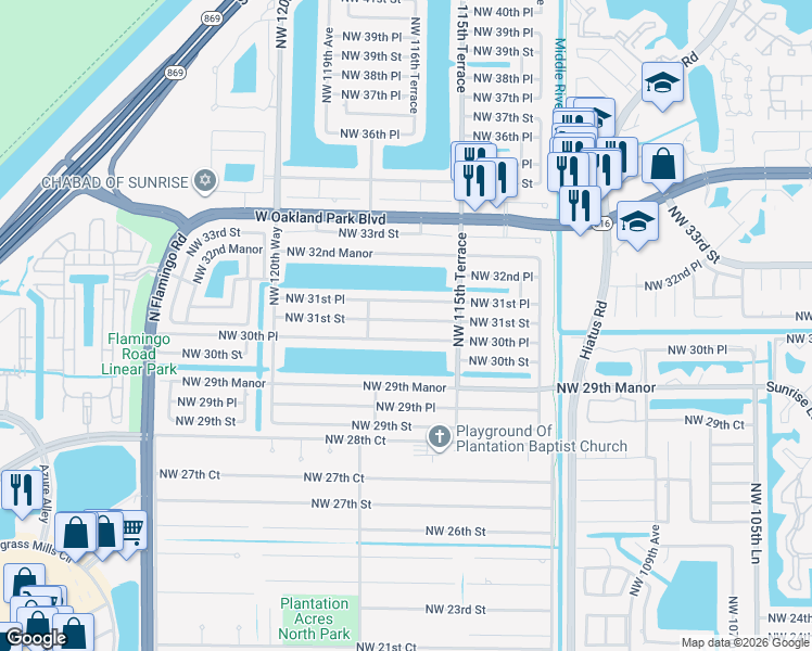 map of restaurants, bars, coffee shops, grocery stores, and more near 11650 Northwest 31st Street in Sunrise