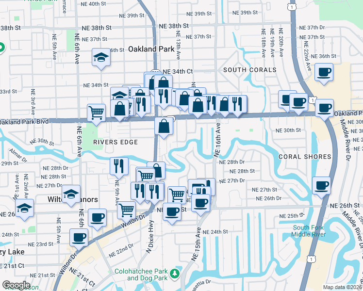map of restaurants, bars, coffee shops, grocery stores, and more near 1286 Northeast 30th Street in Oakland Park
