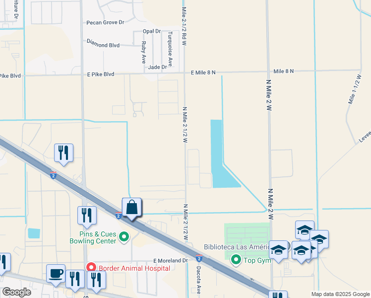 map of restaurants, bars, coffee shops, grocery stores, and more near Mile 2 1/2 Road West in Weslaco