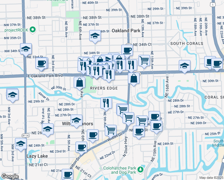 map of restaurants, bars, coffee shops, grocery stores, and more near 2979 North Dixie Highway in Oakland Park