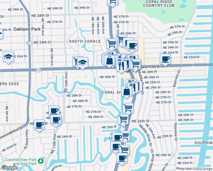 map of restaurants, bars, coffee shops, grocery stores, and more near 2031 Northeast 29th Street in Fort Lauderdale