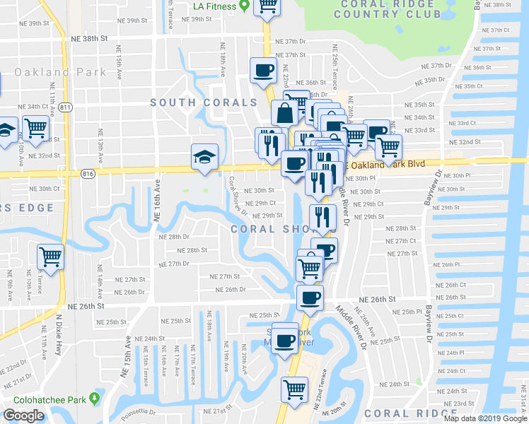 map of restaurants, bars, coffee shops, grocery stores, and more near 2031 Northeast 29th Street in Fort Lauderdale