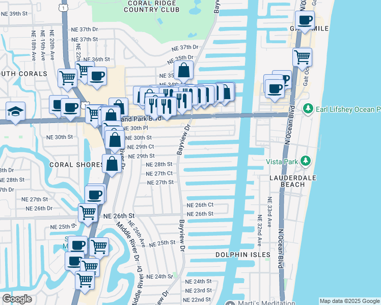 map of restaurants, bars, coffee shops, grocery stores, and more near 2812 Northeast 29th Street in Fort Lauderdale