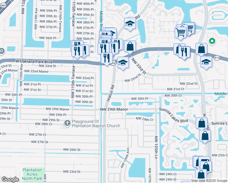 map of restaurants, bars, coffee shops, grocery stores, and more near 3135 Northwest 109th Terrace in Sunrise