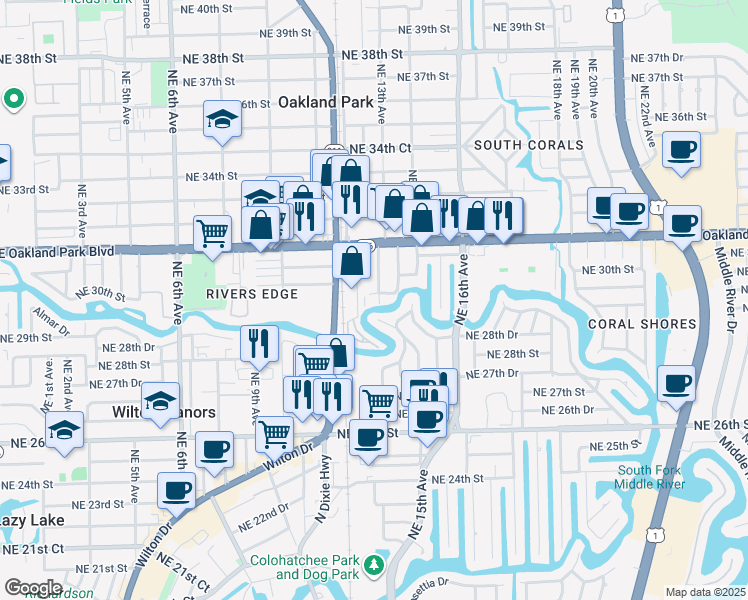 map of restaurants, bars, coffee shops, grocery stores, and more near 1286 Northeast 30th Street in Oakland Park