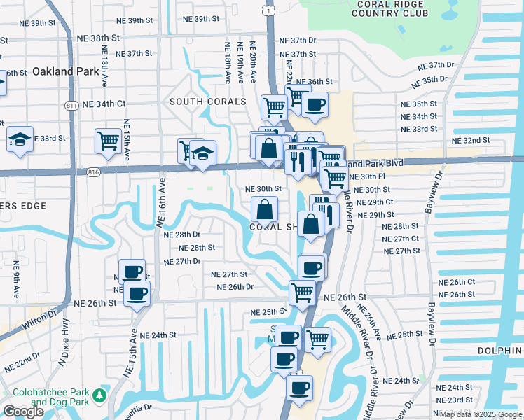 map of restaurants, bars, coffee shops, grocery stores, and more near 2031 Northeast 29th Street in Fort Lauderdale