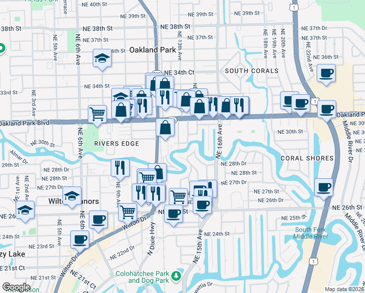 map of restaurants, bars, coffee shops, grocery stores, and more near 1286 Northeast 30th Street in Oakland Park