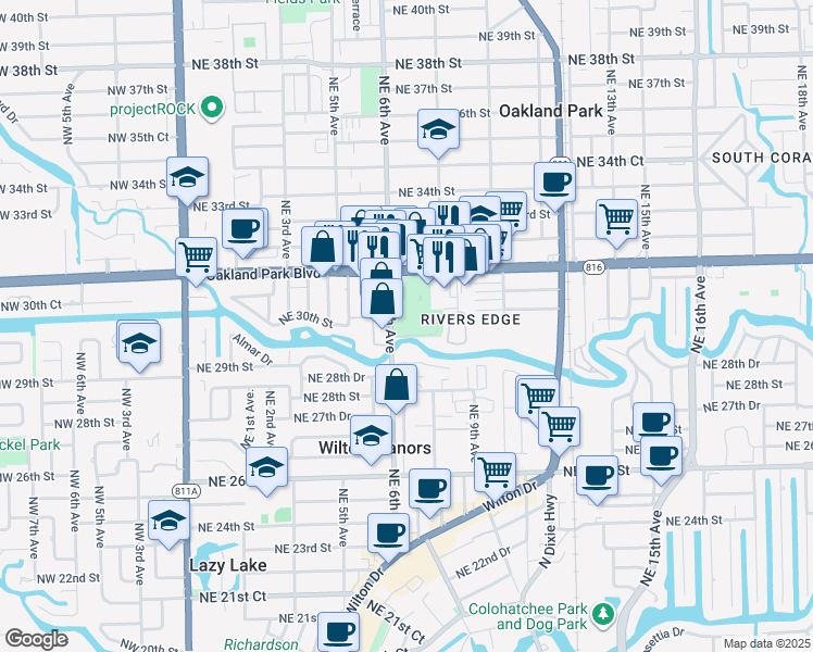 map of restaurants, bars, coffee shops, grocery stores, and more near 670 East Oakland Park Boulevard in Oakland Park