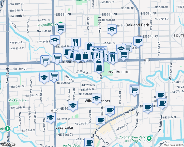 map of restaurants, bars, coffee shops, grocery stores, and more near 512 Northeast 30th Street in Wilton Manors