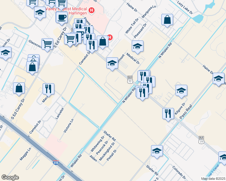 map of restaurants, bars, coffee shops, grocery stores, and more near 1402 Vermont in Harlingen
