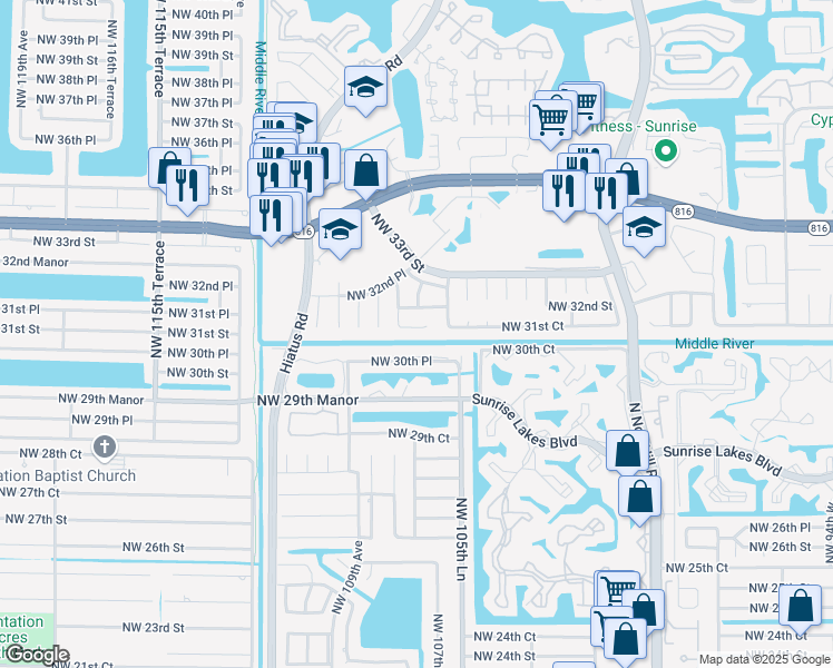 map of restaurants, bars, coffee shops, grocery stores, and more near 3107 Northwest 107th Drive in Sunrise