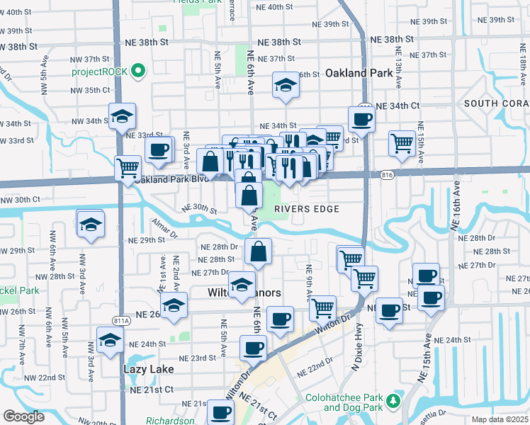 map of restaurants, bars, coffee shops, grocery stores, and more near 3000 Northeast 6th Avenue in Oakland Park