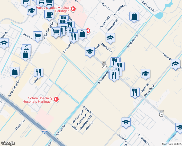 map of restaurants, bars, coffee shops, grocery stores, and more near 1402 Vermont in Harlingen
