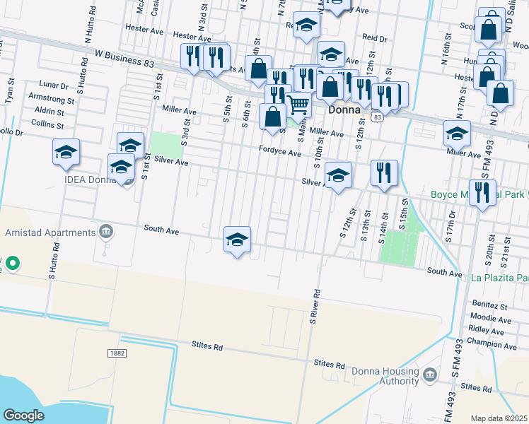 map of restaurants, bars, coffee shops, grocery stores, and more near 503 South 8th Street in Donna