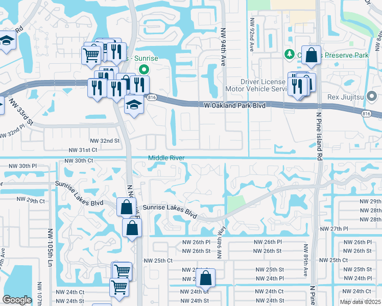 map of restaurants, bars, coffee shops, grocery stores, and more near 9530 Northwest 31st Place in Sunrise