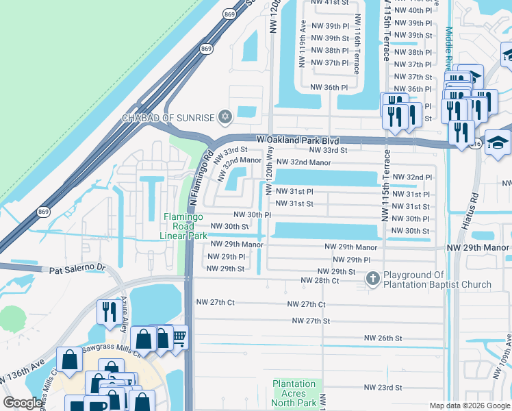 map of restaurants, bars, coffee shops, grocery stores, and more near 12200 Northwest 30th Manor in Sunrise