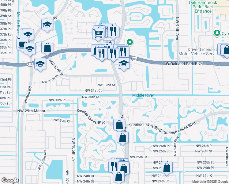 map of restaurants, bars, coffee shops, grocery stores, and more near 10118 Northwest 31st Court in Sunrise