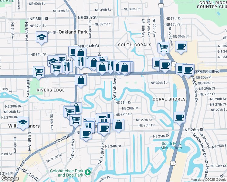 map of restaurants, bars, coffee shops, grocery stores, and more near 2950 Northeast 15th Terrace in Oakland Park