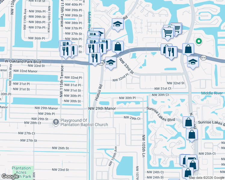 map of restaurants, bars, coffee shops, grocery stores, and more near 3100 Northwest 109th Avenue in Sunrise