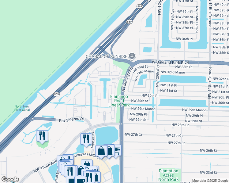 map of restaurants, bars, coffee shops, grocery stores, and more near 3161 Northwest 125th Way in Sunrise